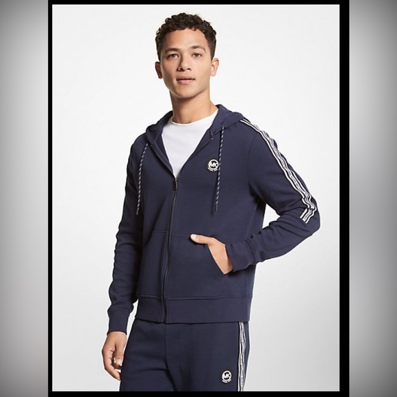 NWT Mens Michael Kors Logo Tape Cotton Blend Zip-Up Hoodie Medium- Navy